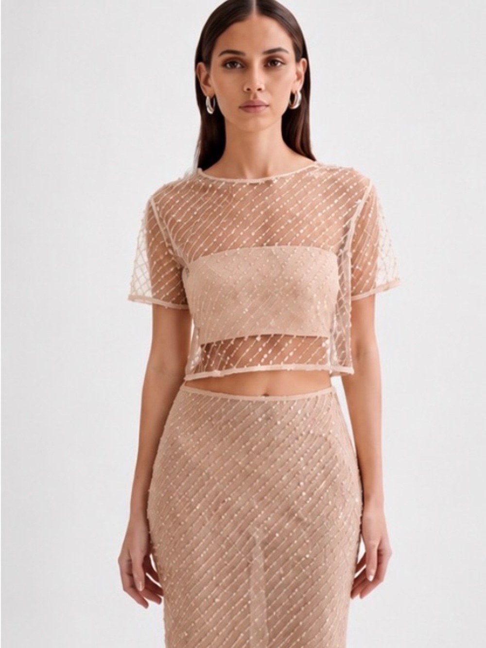 Meshki Sequin Sheer Cropped Top in Blush